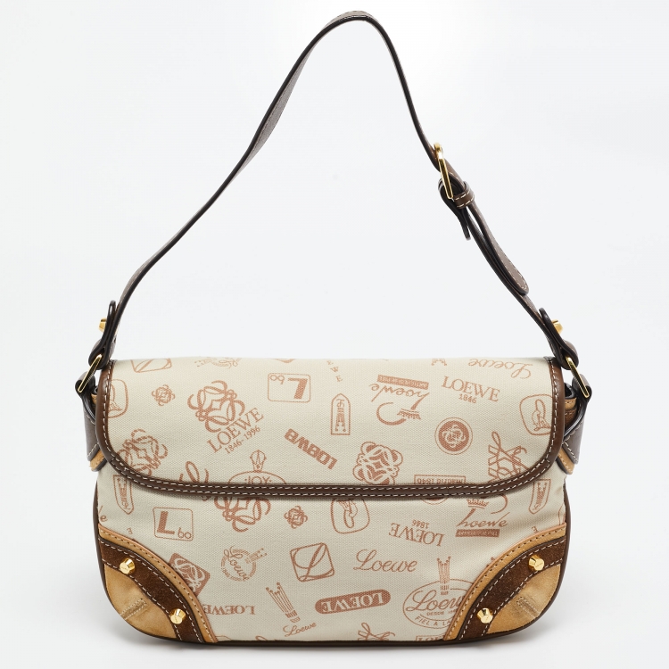 Pre Owned Loewe Beige/Brown Printed Canvas and Leather Shoulder Bag