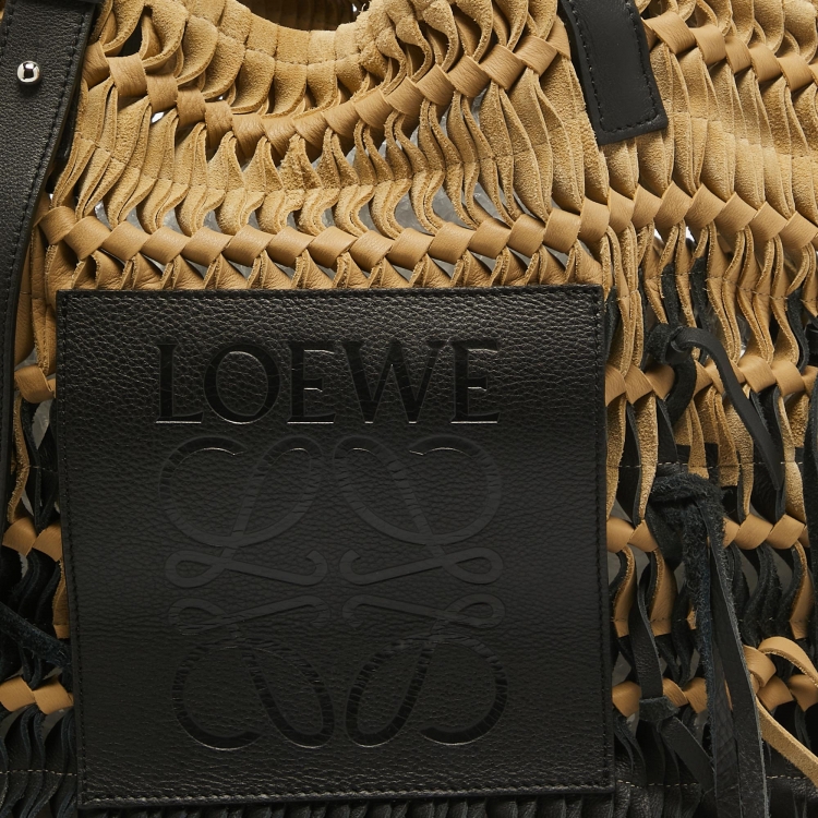 Pre Owned Loewe Black/Beige Suede and Leather Anagram Woven Fringe Tote