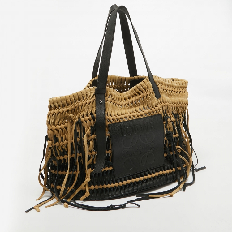 Pre Owned Loewe Black/Beige Suede and Leather Anagram Woven Fringe Tote