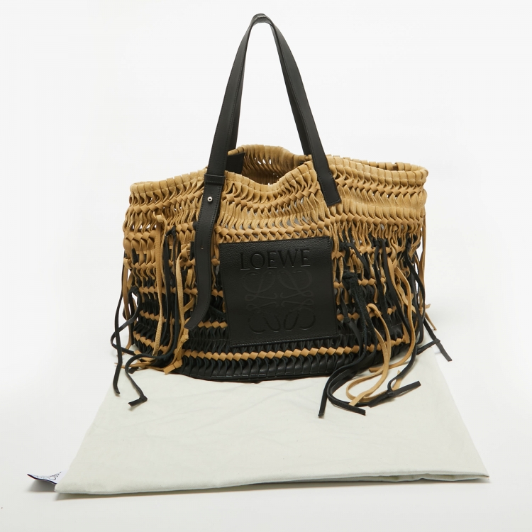 Pre Owned Loewe Black/Beige Suede and Leather Anagram Woven Fringe Tote
