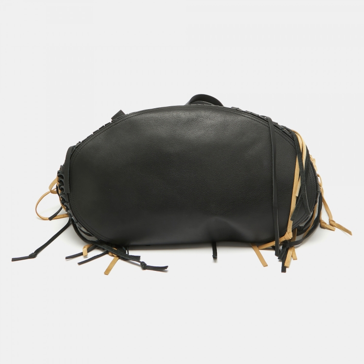 Pre Owned Loewe Black/Beige Suede and Leather Anagram Woven Fringe Tote