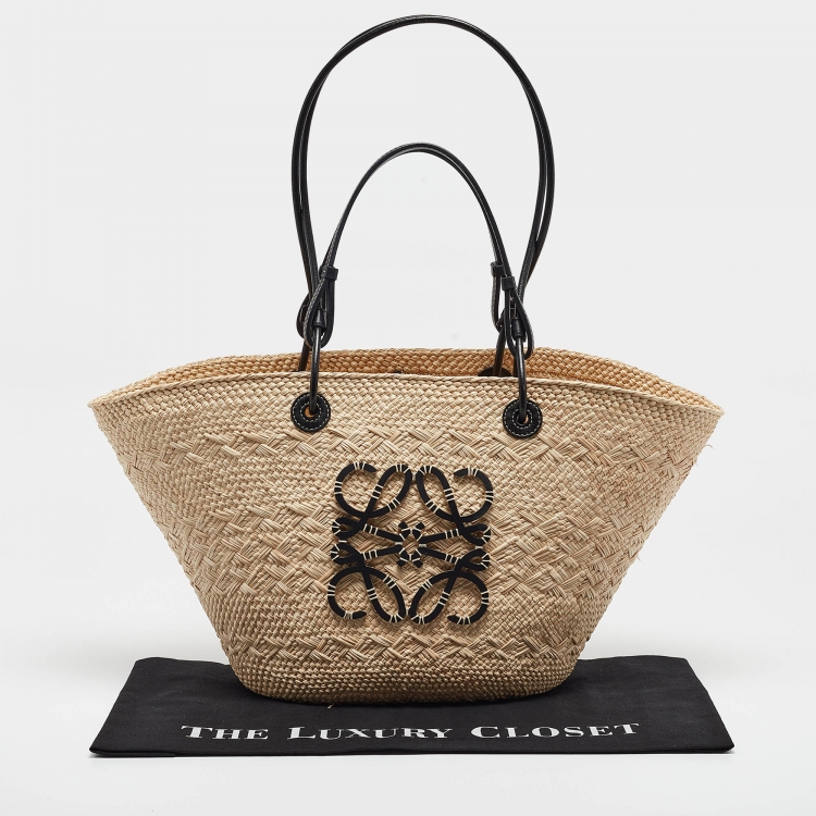 Pre Owned Loewe Black Natural Iraca Palm Medium Anagram Basket Tote