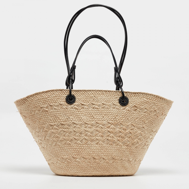 Pre Owned Loewe Black Natural Iraca Palm Medium Anagram Basket Tote