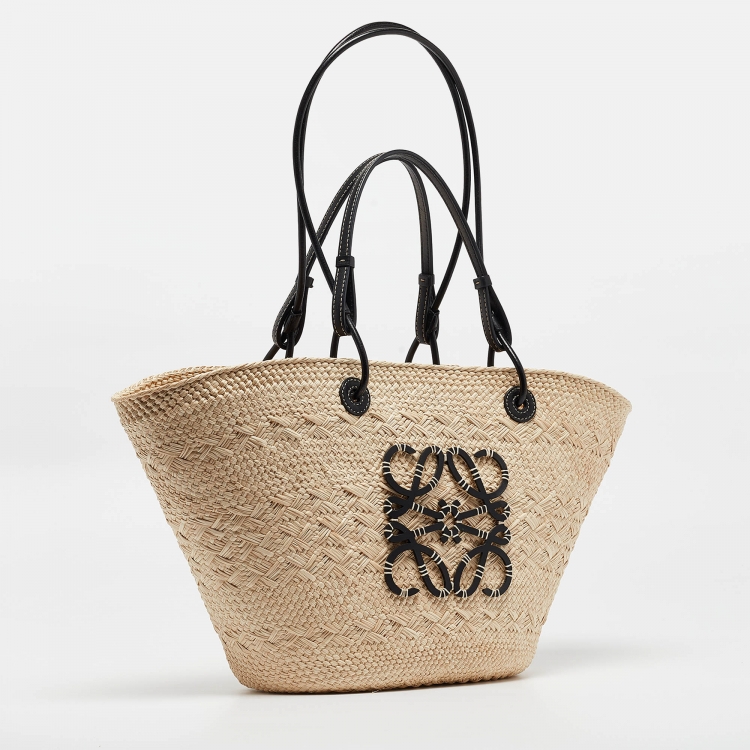 Pre Owned Loewe Black Natural Iraca Palm Medium Anagram Basket Tote