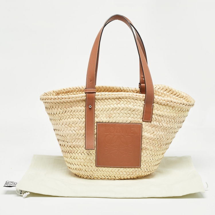 Pre Owned Loewe Beige/Brown Raffia and Leather Basket Tote