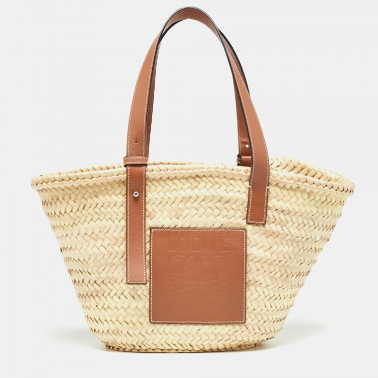 Pre Owned Loewe Beige/Brown Raffia and Leather Basket Tote