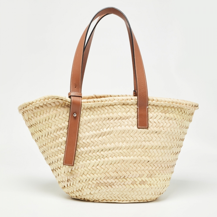 Pre Owned Loewe Beige/Brown Raffia and Leather Basket Tote