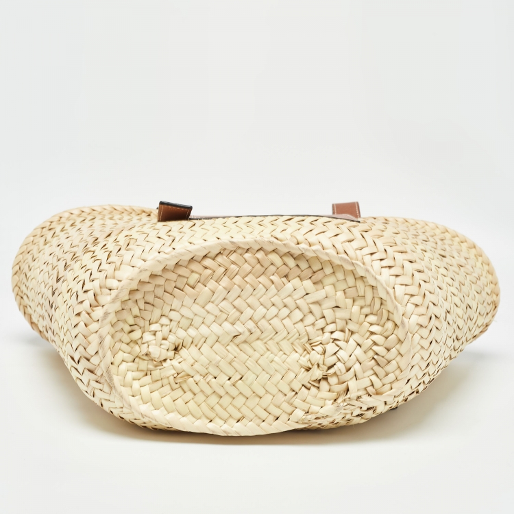 Pre Owned Loewe Beige/Brown Raffia and Leather Basket Tote