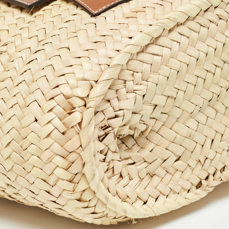 Pre Owned Loewe Brown/Cream Raffia and Leather Basket Tote