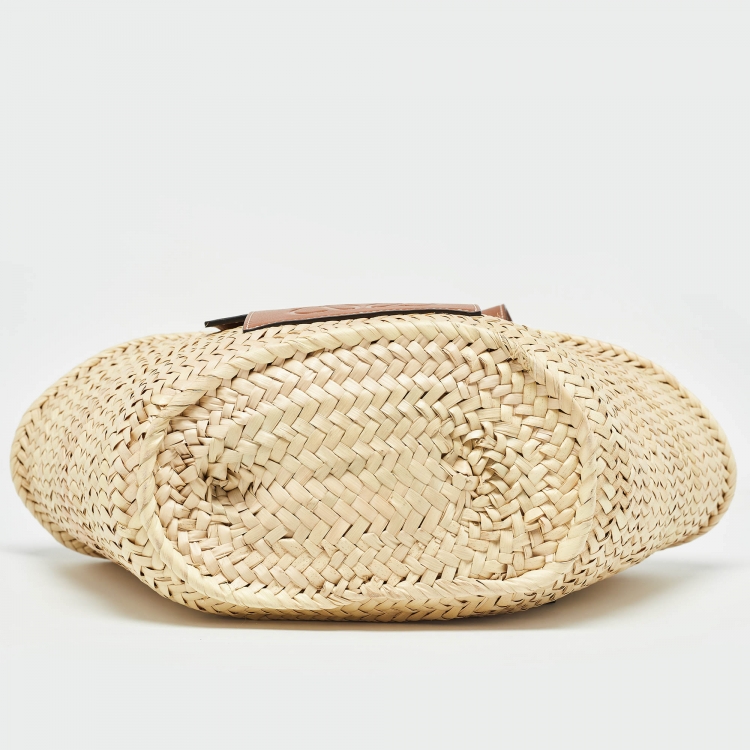Pre Owned Loewe Brown/Cream Raffia and Leather Basket Tote