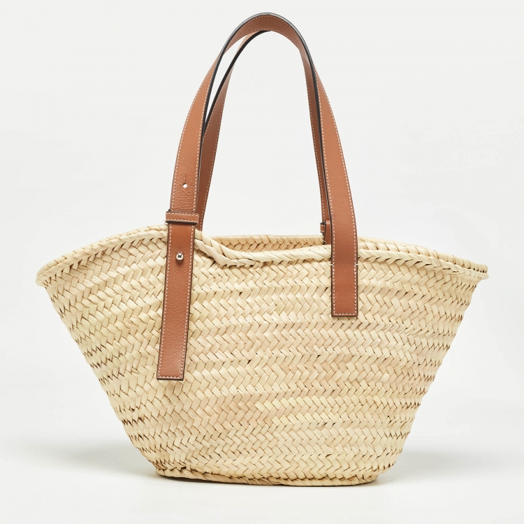 Pre Owned Loewe Brown/Cream Raffia and Leather Basket Tote