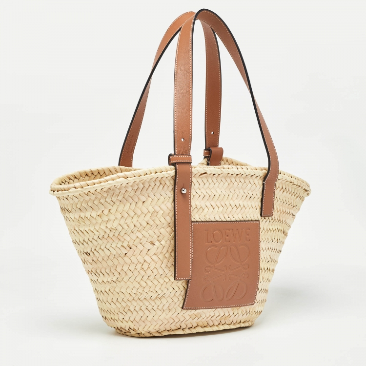 Pre Owned Loewe Brown/Cream Raffia and Leather Basket Tote