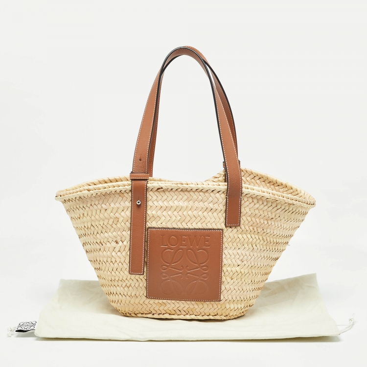 Pre Owned Loewe Brown/Cream Raffia and Leather Basket Tote