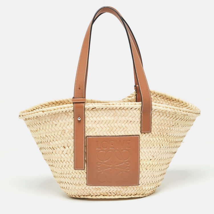Pre Owned Loewe Brown/Cream Raffia and Leather Basket Tote