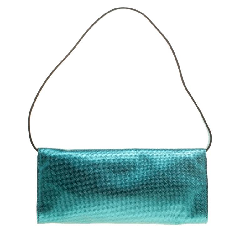 Pre Owned Longchamp Metallic Green Leather All Clutch 