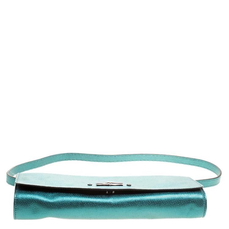 Pre Owned Longchamp Metallic Green Leather All Clutch 