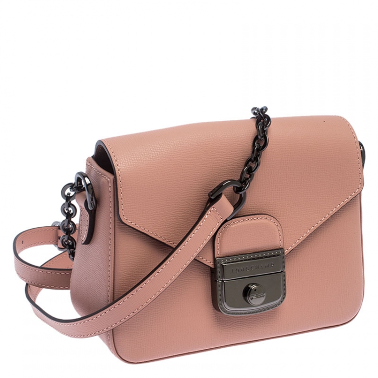 Pre Owned Longchamp Pink Leather Small Le Pliage Heritage Crossbody Bag 