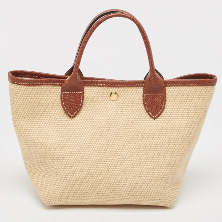 Pre Owned Longchamp Brown/Natural Canvas Small Le Panier Pliage Basket Bag