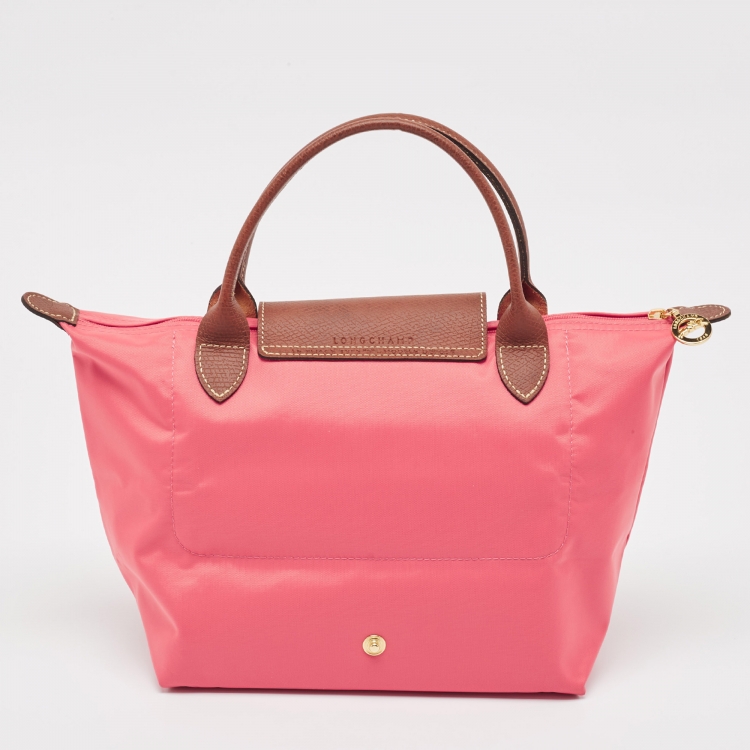 Pre Owned Longchamp Pink/Brown Nylon and Leather Small Short Le Pliage Tote