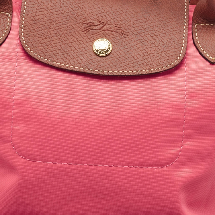 Pre Owned Longchamp Pink/Brown Nylon and Leather Small Short Le Pliage Tote