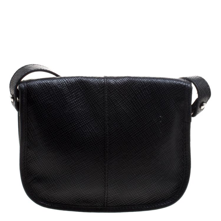 Pre Owned Longchamp Black Textured Leather Quadri Crossbody Bag
