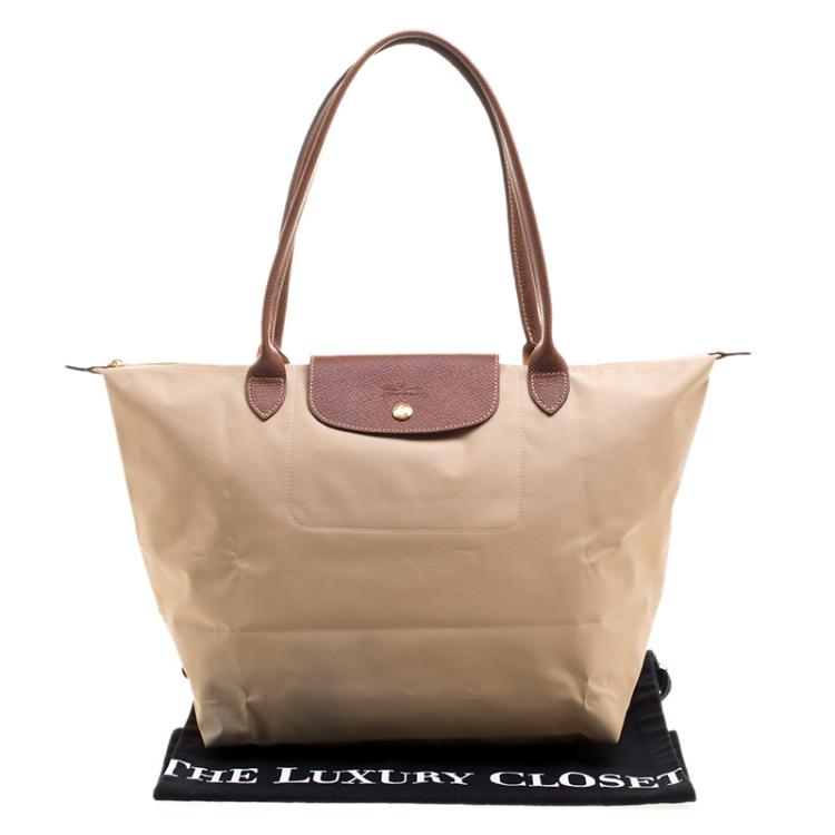 Pre Owned Longchamp Beige Coated Nylon Le Pliage Shoppiing Tote