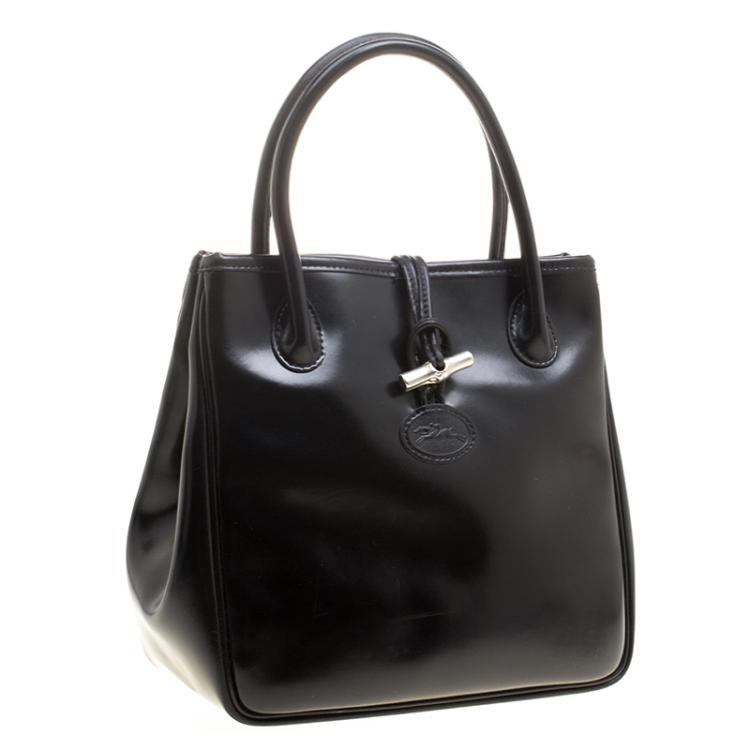 Pre Owned Longchamp Black Leather Mini Roseau Tote