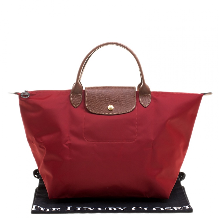 Pre Owned Longchamp Red Nylon Medium Le Pliage Tote