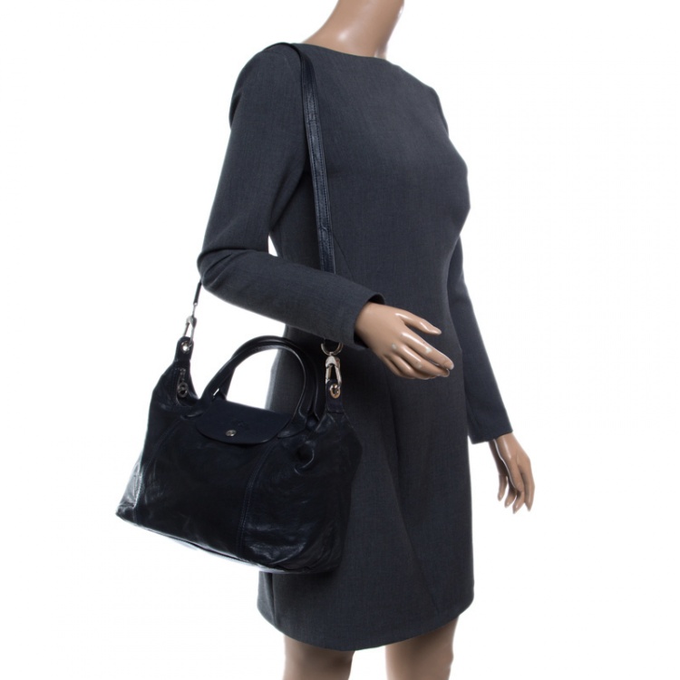 Pre Owned Longchamp Navy Blue Leather Small Le Pliage Tote