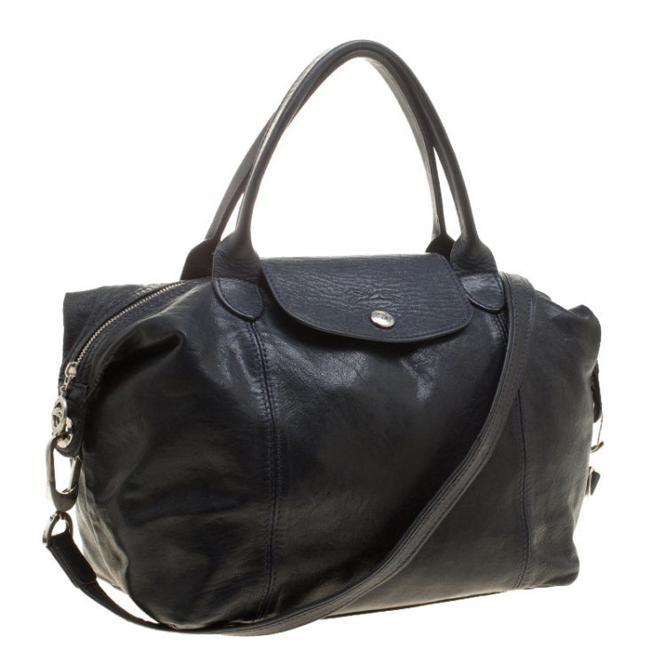 Pre Owned Longchamp Navy Blue Leather Small Le Pliage Tote