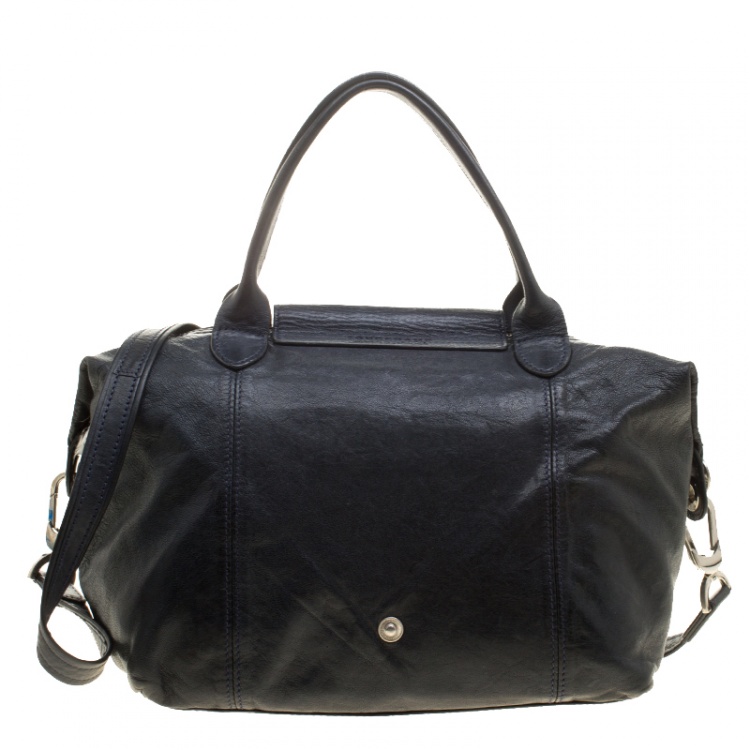 Pre Owned Longchamp Navy Blue Leather Small Le Pliage Tote