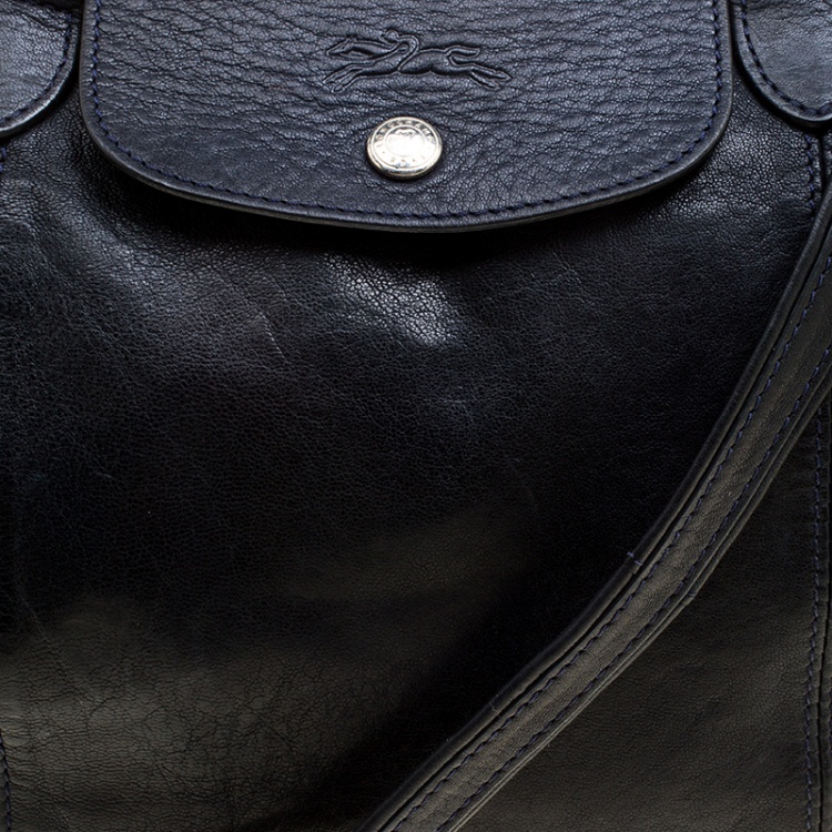 Pre Owned Longchamp Navy Blue Leather Small Le Pliage Tote