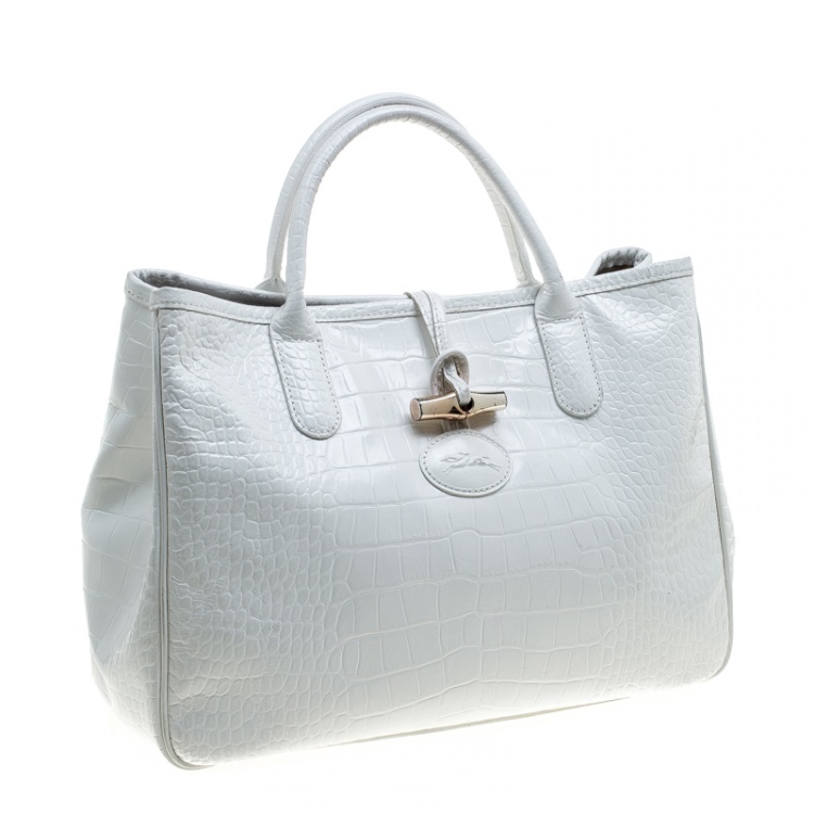 مملوكة مسبقًا Longchamp White Glaze Croc Embossed Leather Roseau Tote