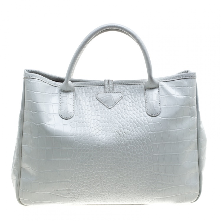 مملوكة مسبقًا Longchamp White Glaze Croc Embossed Leather Roseau Tote