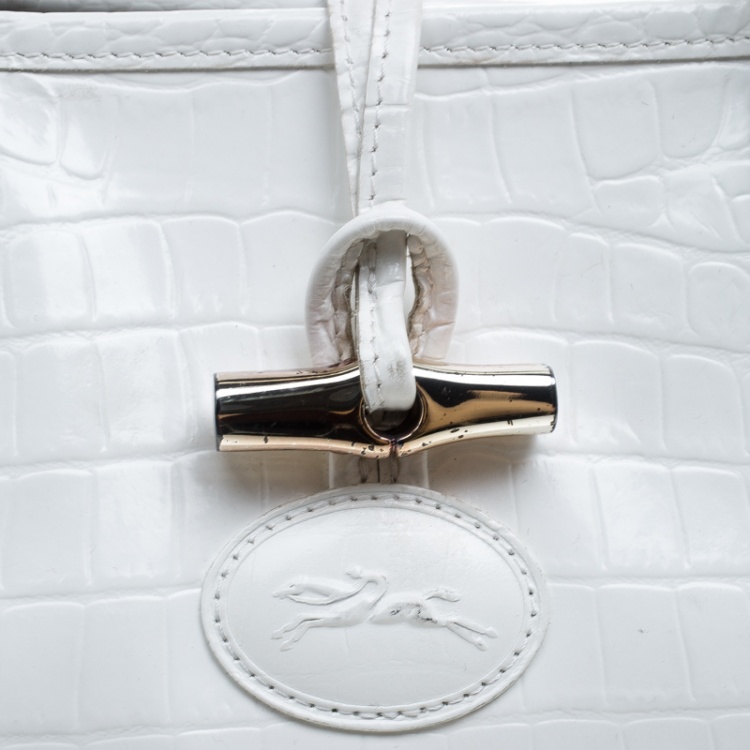 مملوكة مسبقًا Longchamp White Glaze Croc Embossed Leather Roseau Tote