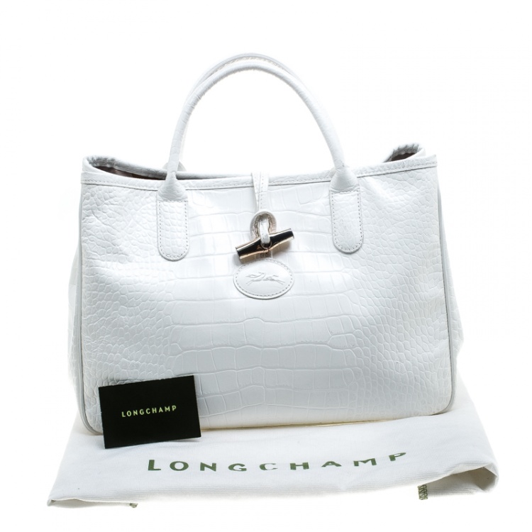 مملوكة مسبقًا Longchamp White Glaze Croc Embossed Leather Roseau Tote