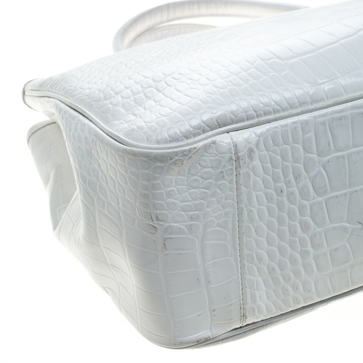 مملوكة مسبقًا Longchamp White Glaze Croc Embossed Leather Roseau Tote