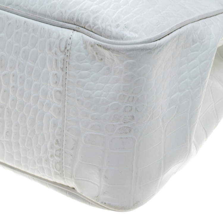 مملوكة مسبقًا Longchamp White Glaze Croc Embossed Leather Roseau Tote
