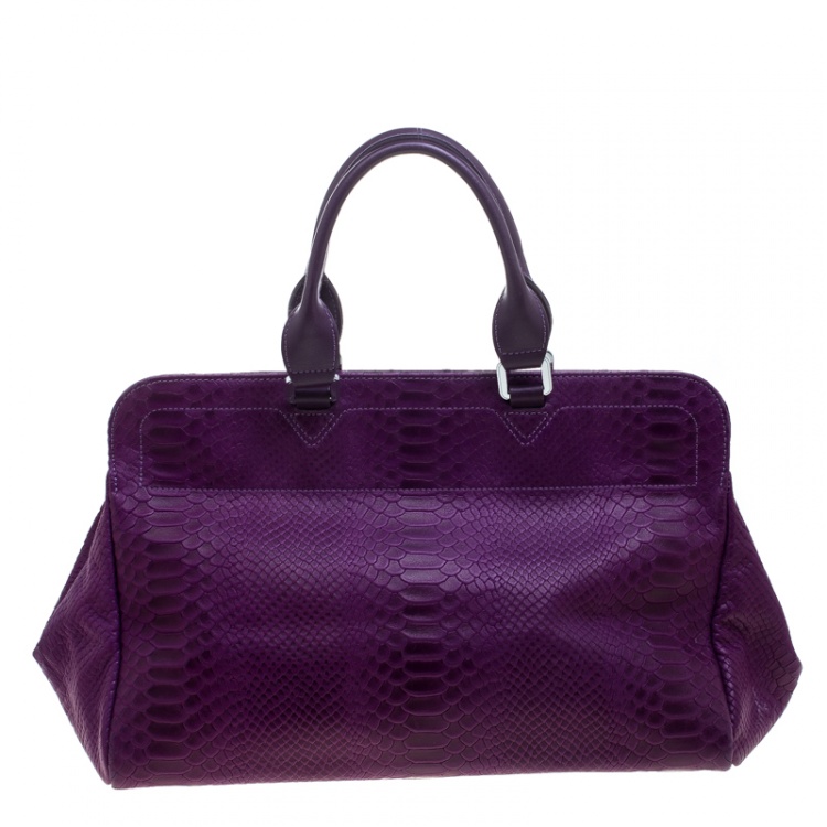Pre Owned Longchamp Purple Python Embossed Leather Gatsby Tote