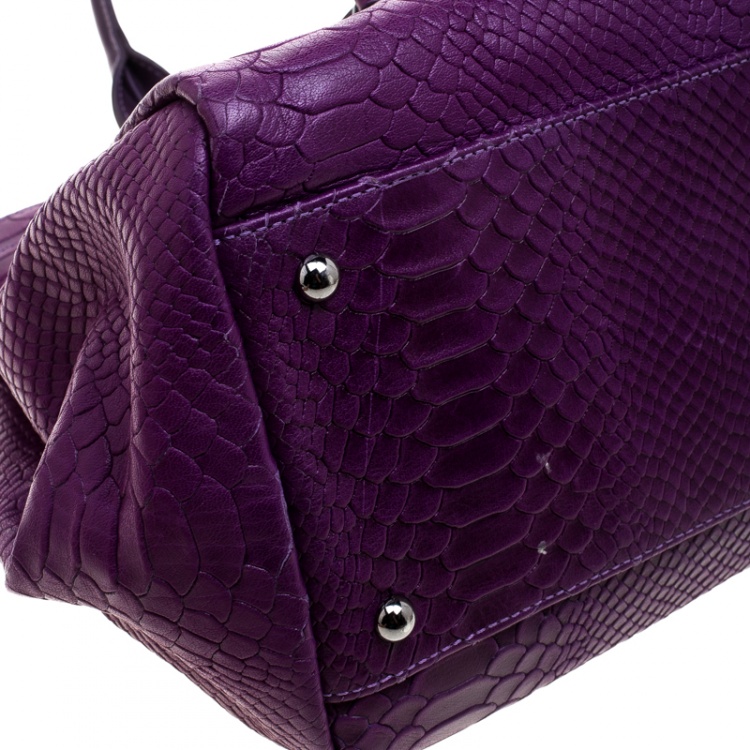 Pre Owned Longchamp Purple Python Embossed Leather Gatsby Tote