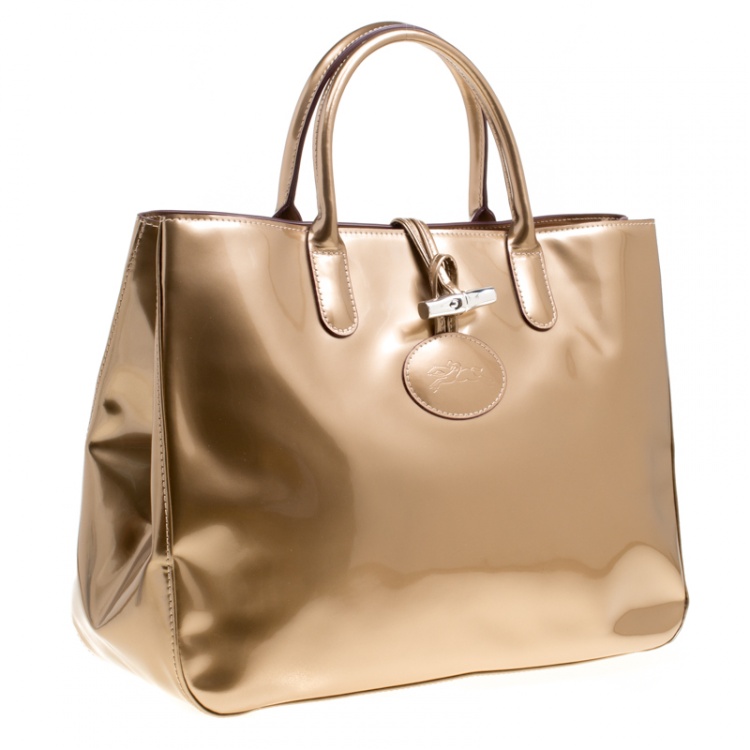 Pre Owned Longchamp Metallic Beige Patent Leather Roseau Tote