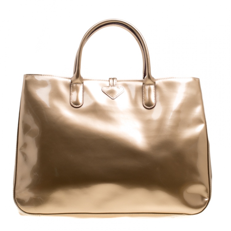 Pre Owned Longchamp Metallic Beige Patent Leather Roseau Tote