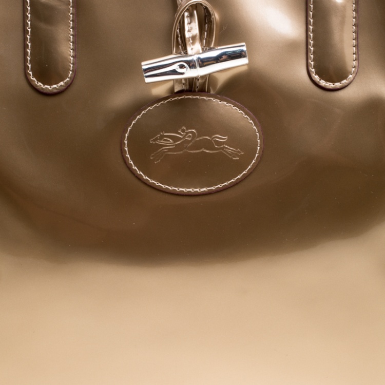 Pre Owned Longchamp Metallic Beige Patent Leather Roseau Tote
