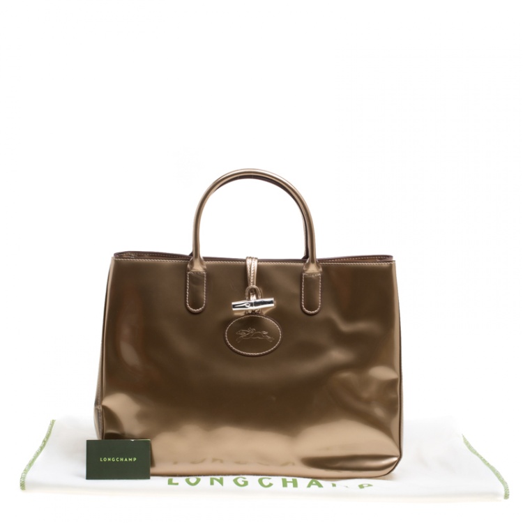 Pre Owned Longchamp Metallic Beige Patent Leather Roseau Tote