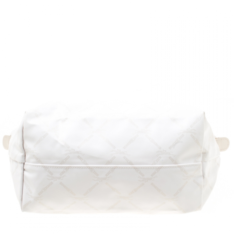 Pre Owned Longchamp White/Light Gold Logo Printed Coated Canvas Le Pliage Tote