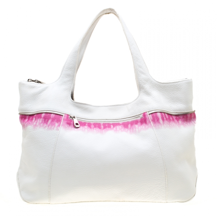 Pre Owned Longchamp White/Pink Leather Tote 