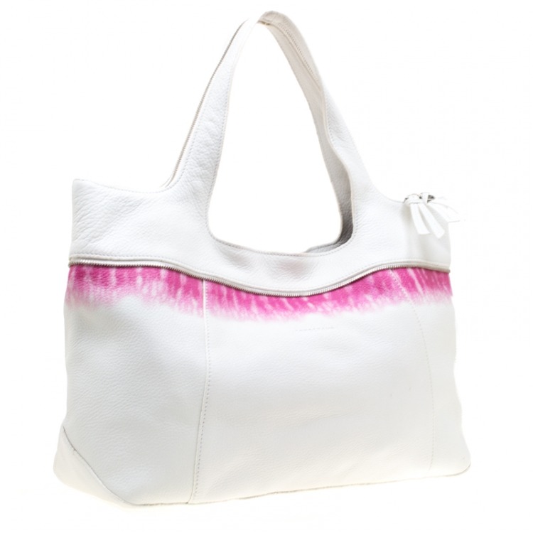 Pre Owned Longchamp White/Pink Leather Tote 