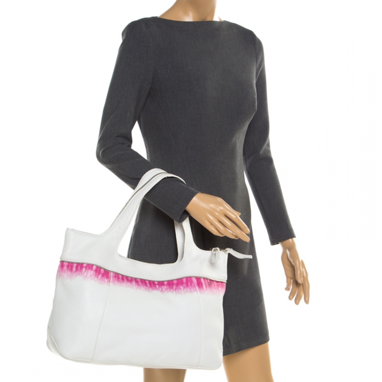 Pre Owned Longchamp White/Pink Leather Tote 
