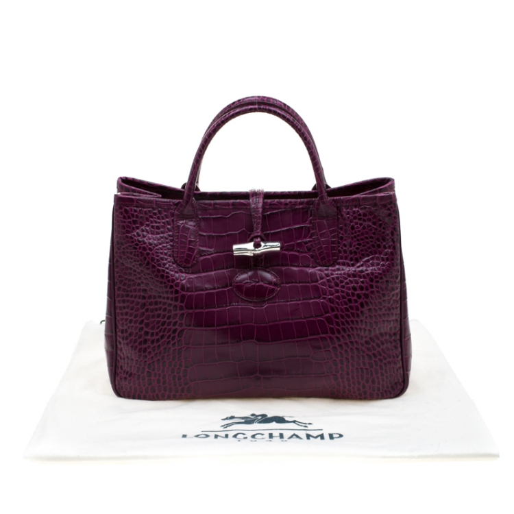 Pre Owned Longchamp Purple Croc Embossed Leather Roseau Tote 