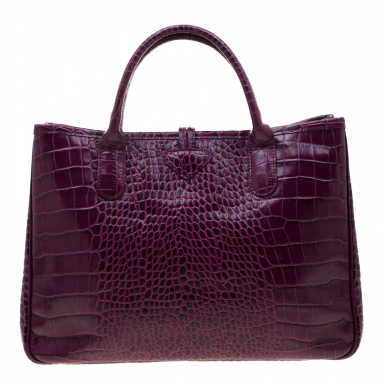 Pre Owned Longchamp Purple Croc Embossed Leather Roseau Tote 